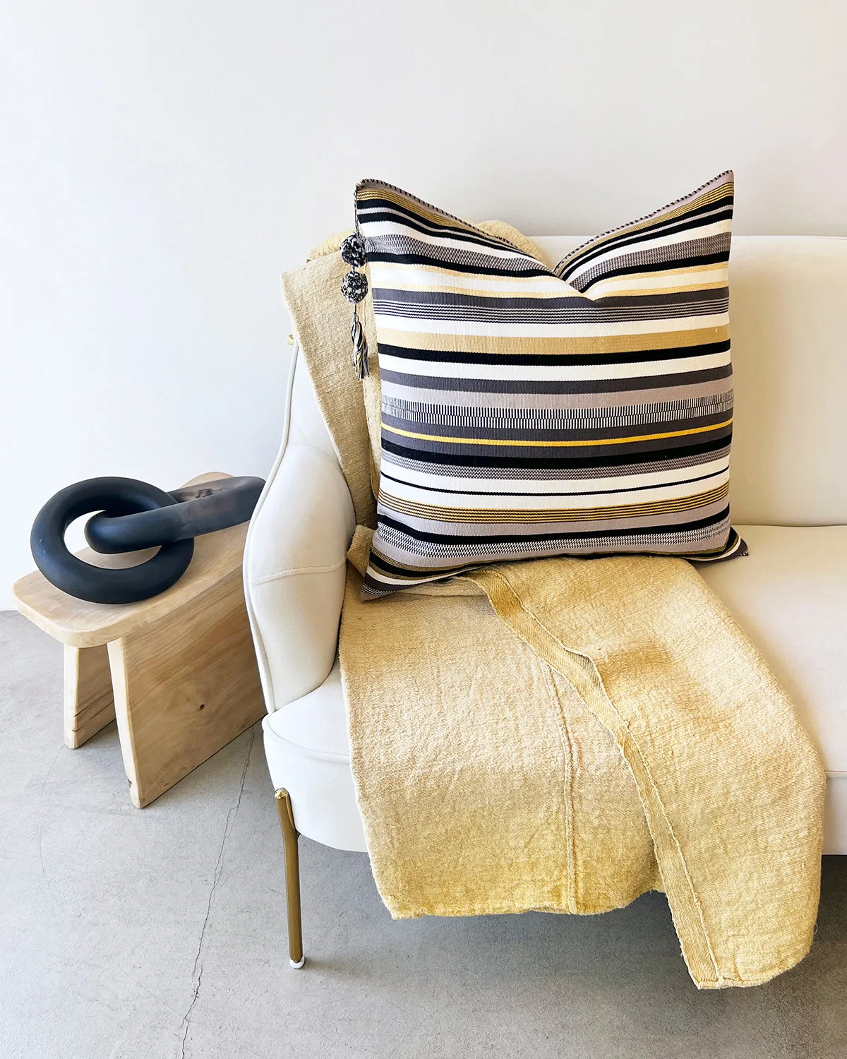 SALE SanCri Happy Stripe Pillow - Grey & Ochre