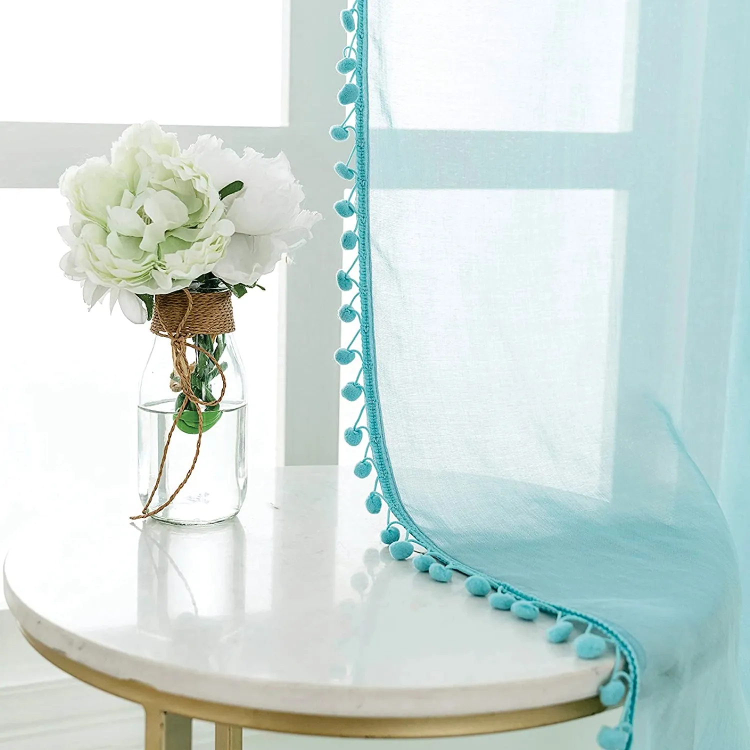 Sheer Curtain for Living Room with linen texture, Net Curtain for balcony, Pack of 2 Curtains - Aqua Blue with pom pom