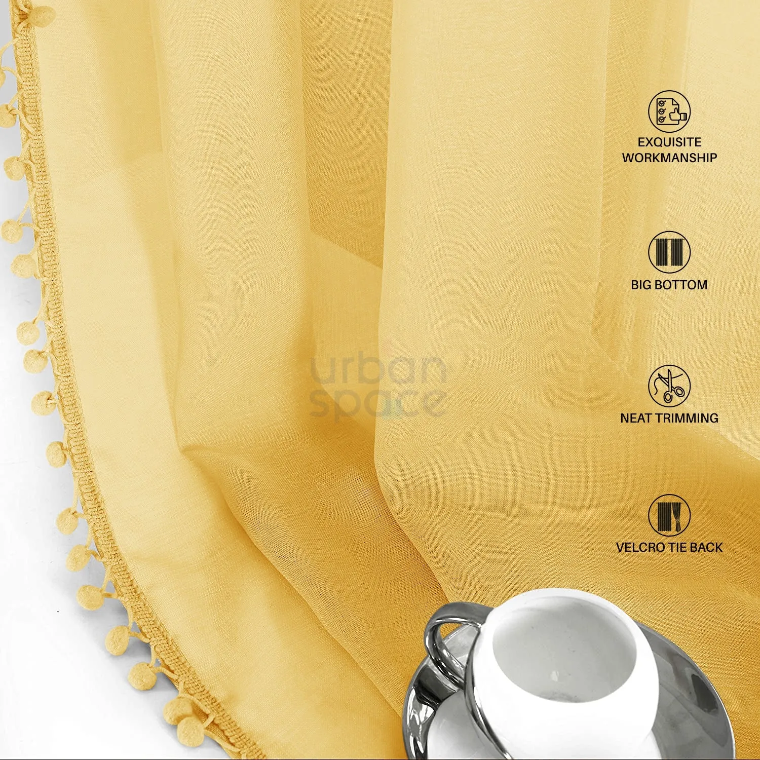 Sheer Curtain for Living Room with linen texture, Net Curtain for balcony, Pack of 2 Curtains -  Mustard with pom pom