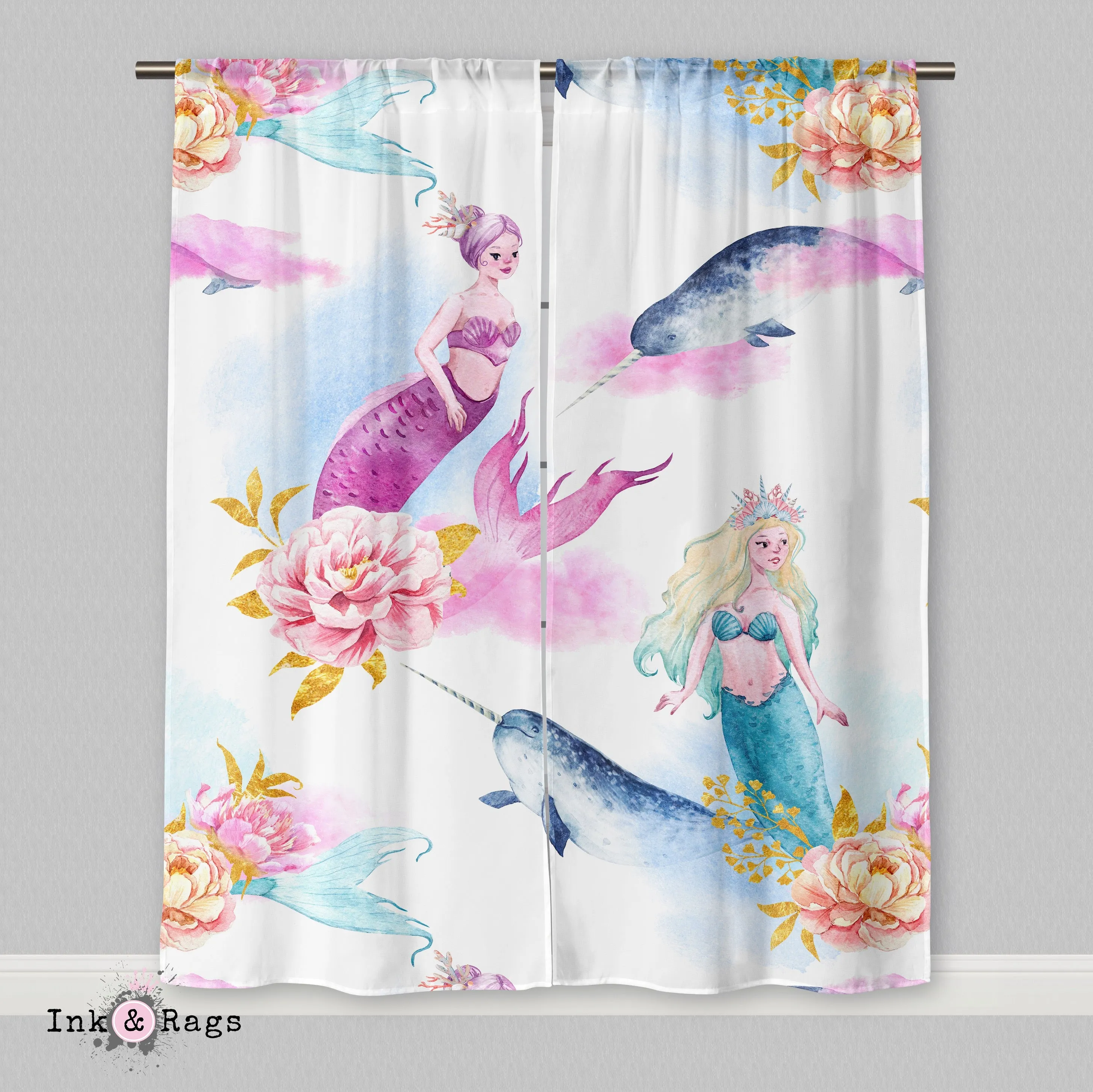 Watercolor Mermaid Narwhal and Peony Curtains